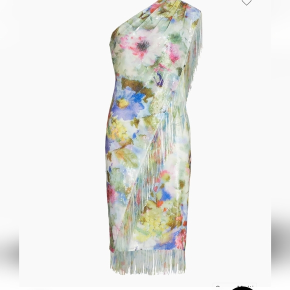 BADGLEY MISCHKA Green Multi Fringe Sequin Floral One Shoulder Dress - Picture 3 of 17